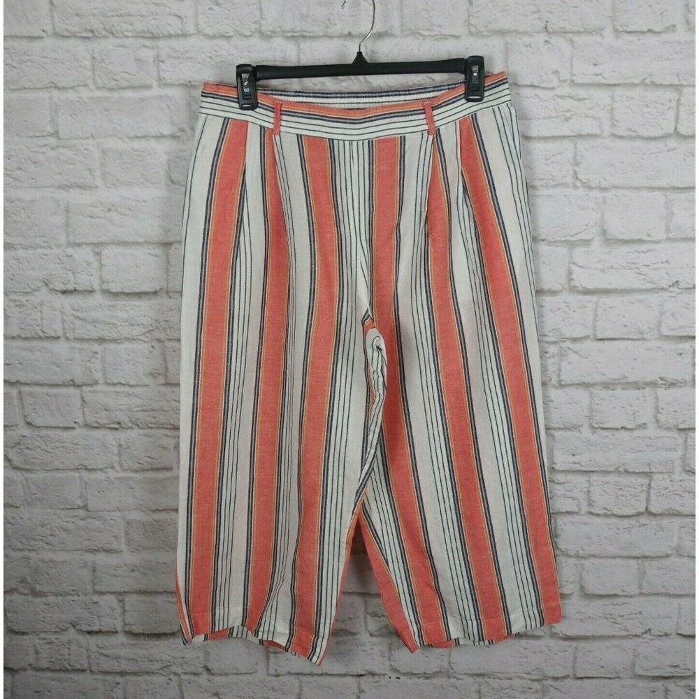 Tommy Hilfiger Women's Linen Blend Pants Wide Leg Cropped Loungewear Stripes L